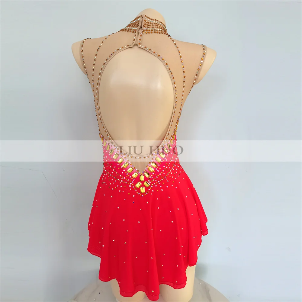 LIUHUO femmes Aldult fille personnaliser Costume Performance compétition justaucorps patinage artistique sur glace robe danse adolescents rouge sans manches
