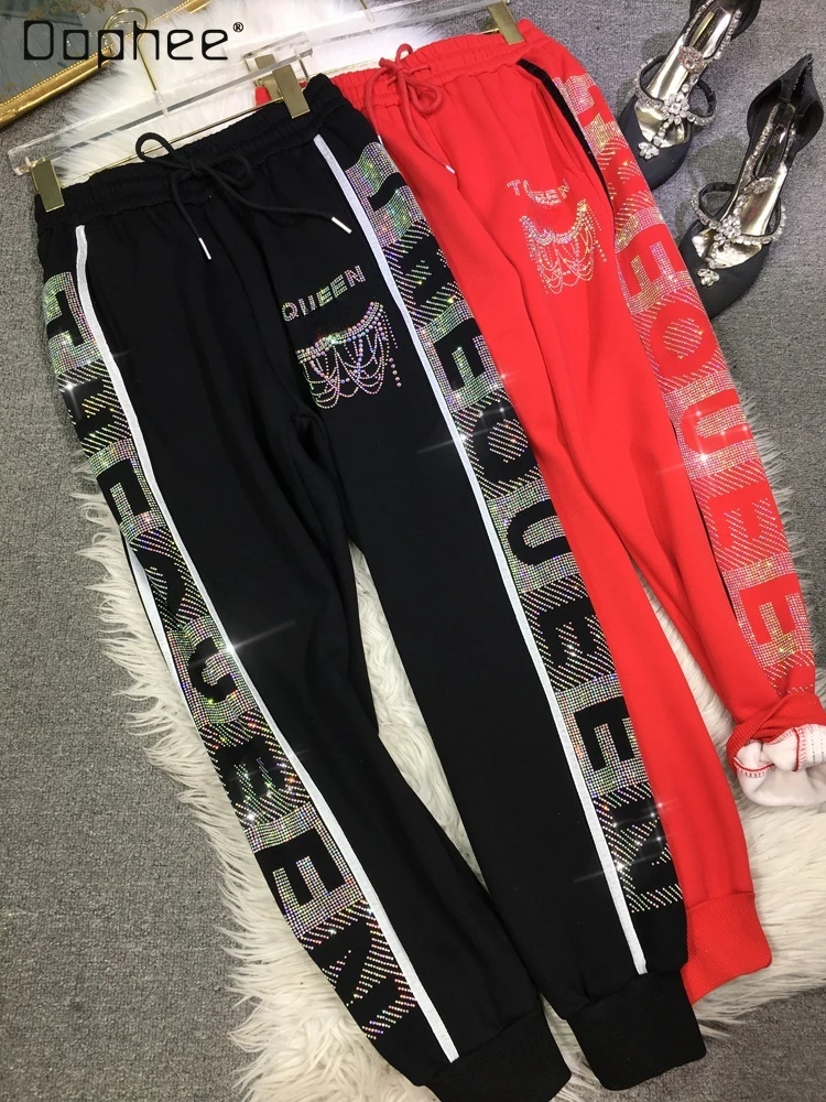 Fleece Thick Sweat Pants Women Autumn Winter Heavy Embroidery Hot Drilling Letters All-Match High Waist Ankle-Tied Sports Pant