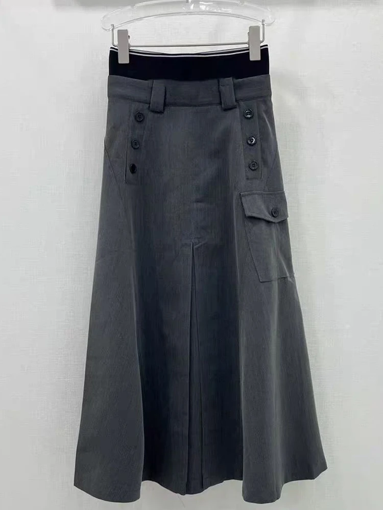 Vintage color contrast double waist head double breasted high waist skirt 2024 fall ladies new fashion all-matching A-line skirt