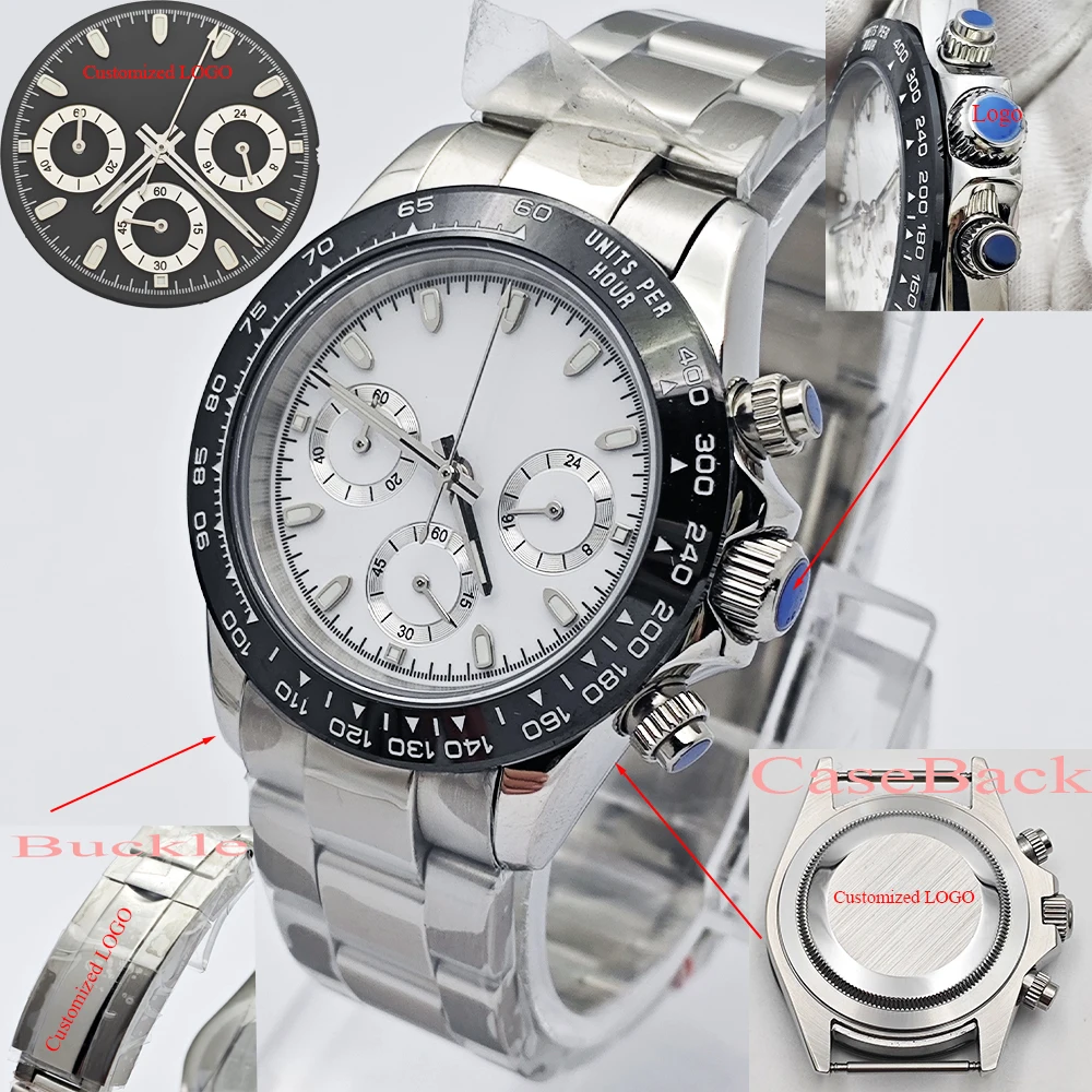 Customized Watch Logo 40mm Silver Stainless Steel Watch Case White Black Watch Dial Luminous Fit VK63 Quartz Movement Watch