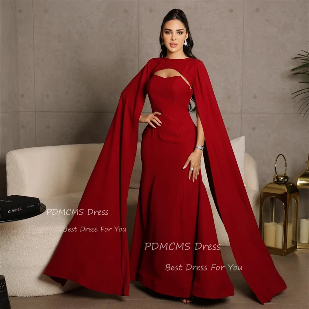 

Modern Arabic Long Spaghetti Red Evening Prom Dresses With Cape Mermaid Crepe Floor Length Dubai Formal Party Dress for Women