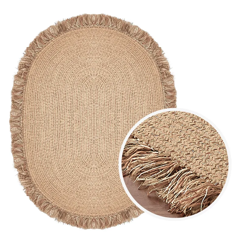 

Oval Jute Tassel Carpet Living Room Light Luxury Zero Glue Hand Woven Floor Mat Wabi Wind Bedroom Bedside Blanket