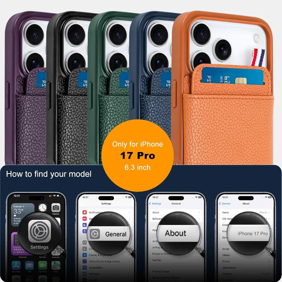 Черный кожаный чехол-кошелек для телефона с держателем для карт для iPhone 17 Pro 2025, совместимый защитный чехол для мужчин и женщин — прочный Sli