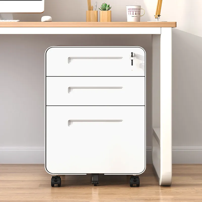 Modern fire-resistant three-drawer metal filing cabinet with key lock, removable design, suitable for home/office