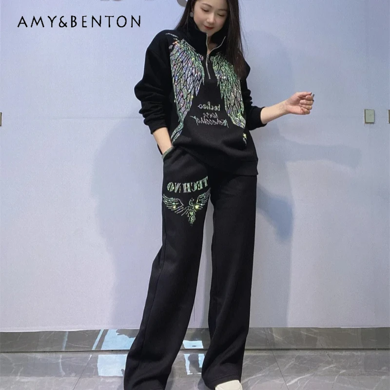 

Women's Outfits Special Design Long Sleeves Fleece Sweatshirt Half Zip Rhinestone Loose Casual Sportswear Two-Pieces Set Female