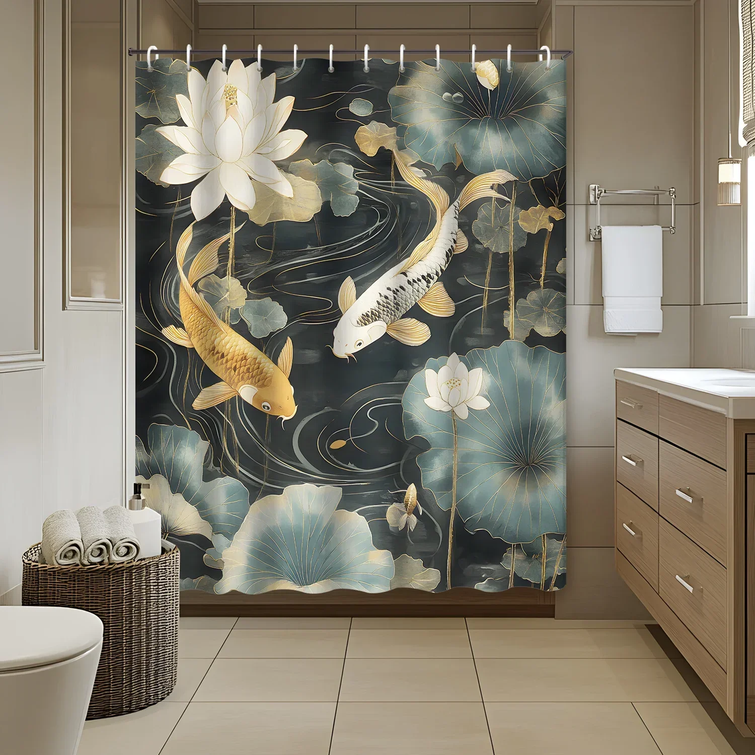1pc Chinese Style Traditional Lotus Lotus Leaf Pond Good Luck Crucian Carp Bathroom Shower Curtain with 12 Hooks Shower CurtainV