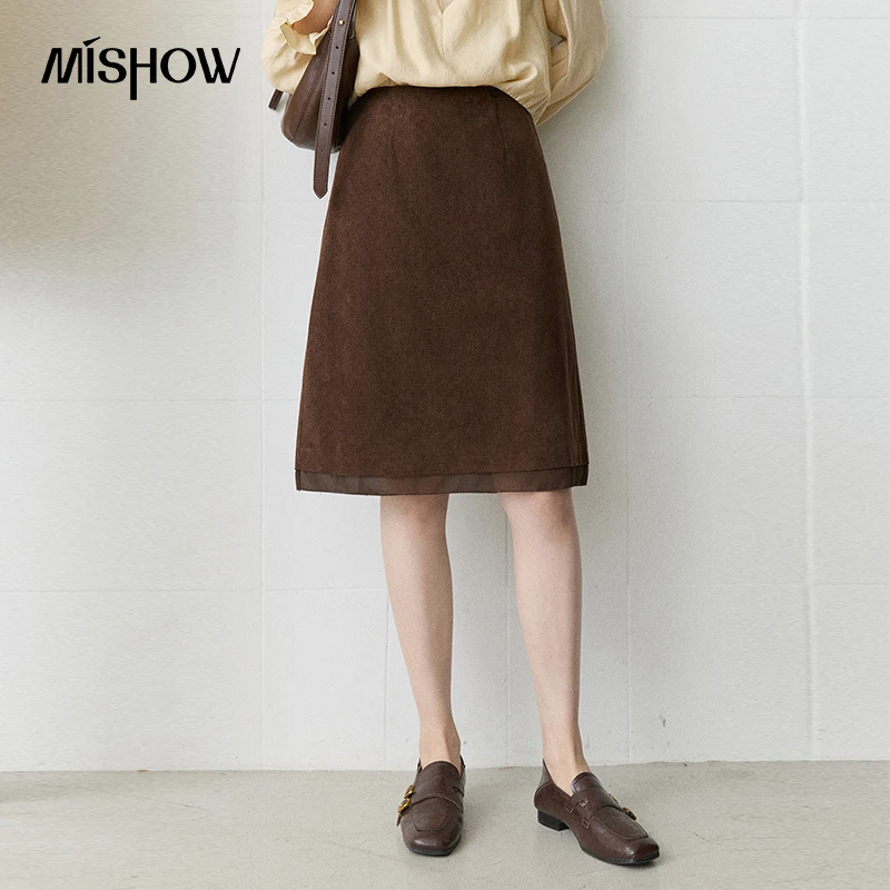MISHOW Midi Skirts for Women Amber Shimmer Vintage Brown A-line Spliced Skirts 2026 Autumn Slim Fit Commuter Clothing MXF43B2597