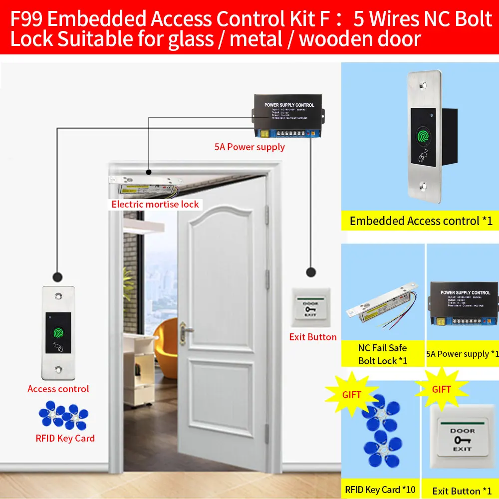 Metall Eingebettet Access Control Kits F99 Sets 125KHz RFID Keyfob Reader Fingerprint Türschloss Elektrische Tor Türöffner Wasserdicht