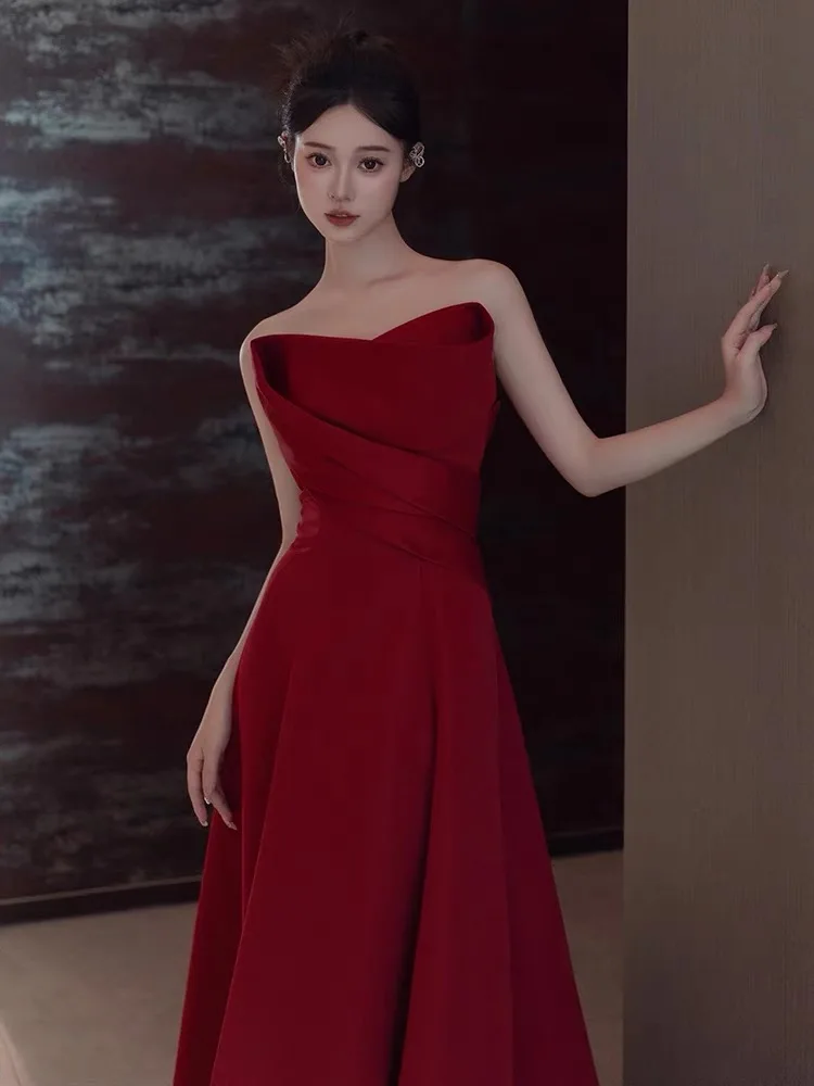 Burgundy Bridesmaid Dress Off Shoulder Detachable Sleeves A-Line Delicate Satin Wedding Banquet Evening Toast Formal Prom Gowns