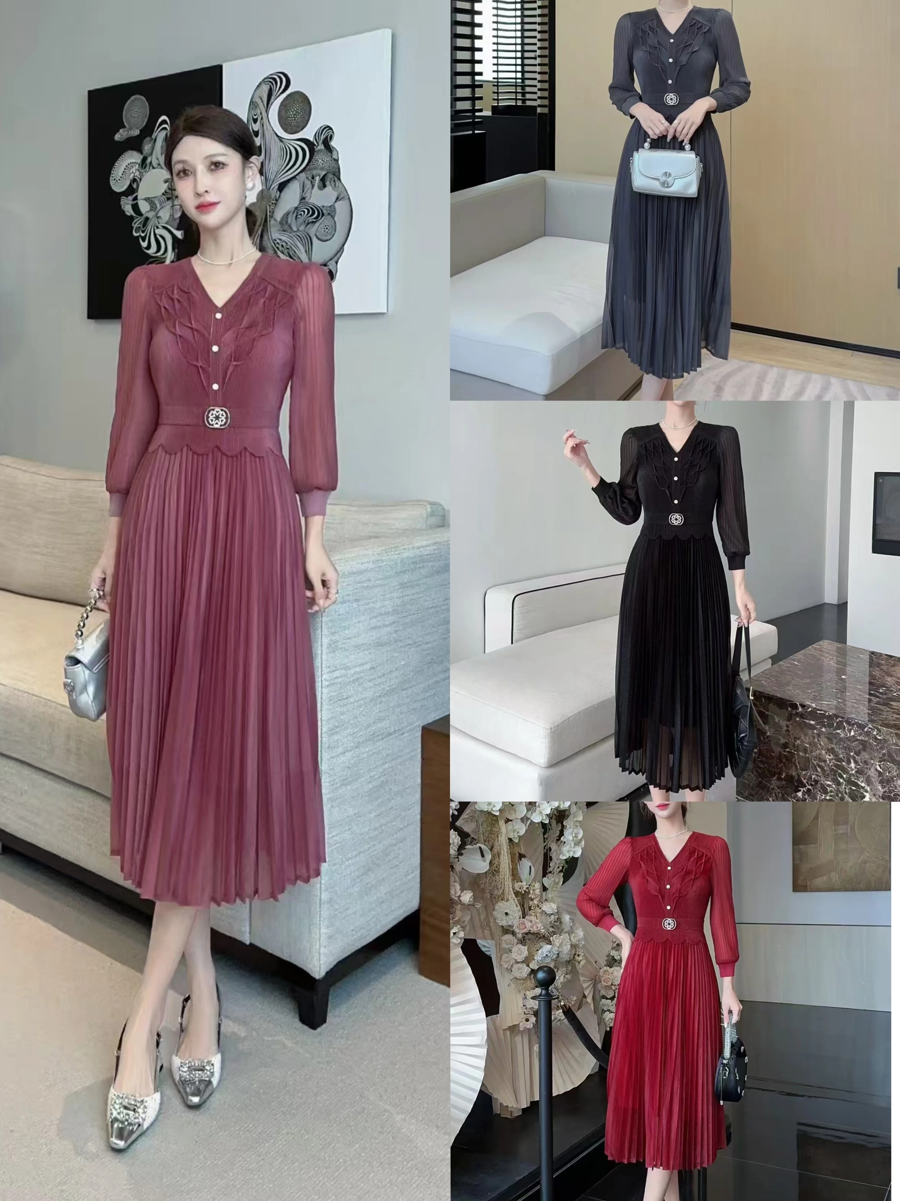 

Early Autumn Fashion Slim-Fit Pleated Dress for Women Tummy-Hiding Stylish Versatile Fake Two-Piece Long-Sleeve Midi Dress 2025