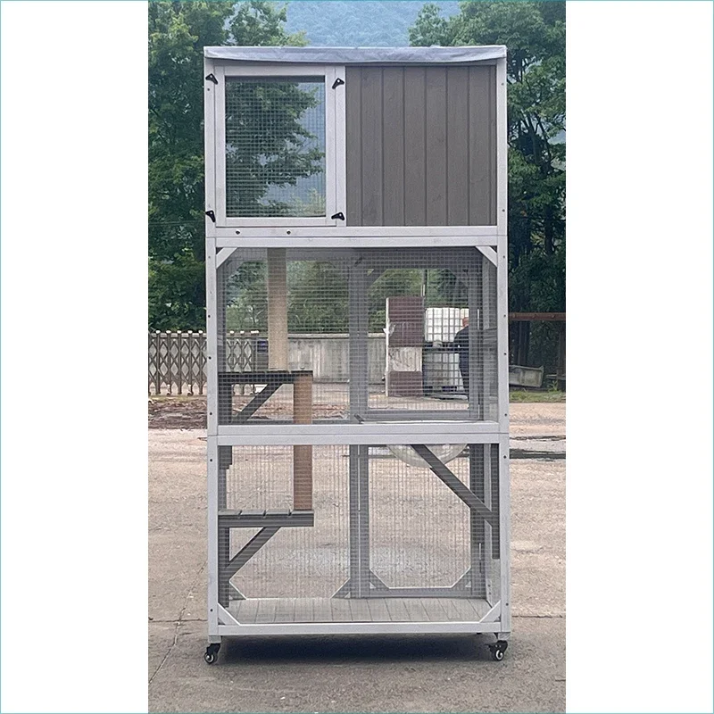 a forWholesale Large Space Pet Cage Wooden Outdoor Waterproof Cat Villa House With Cat Scratching Board Wood Cat Cage view 4