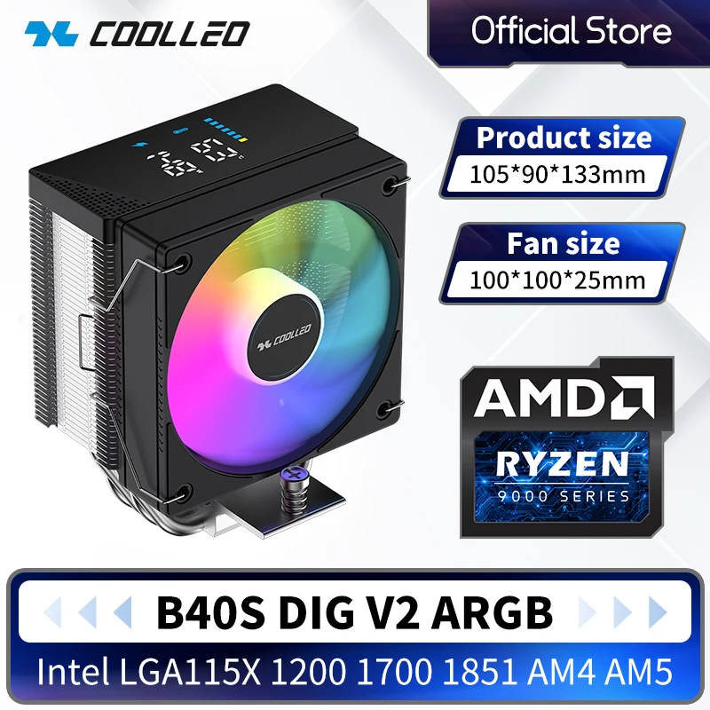 

COOLLEO B40S DIG V2 4 Heat Pipes CPU Cooler with Real-Time Temp & RPM Display for Intel LGA1700/AMD PWM Control ARGB Sync PC Fan