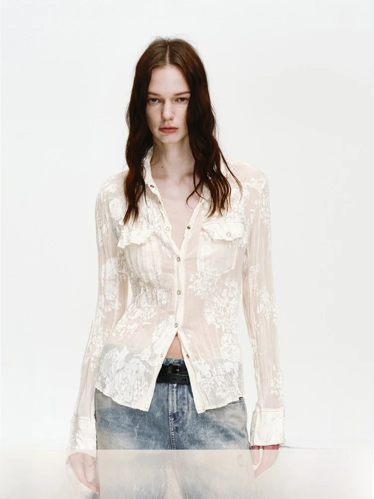 Camisa de Mujer Fuzhen R Palete Garden Vintage, Transparente, Suave al Tacto, Manga Larga, con Textura Plisada, Corte Ajustado, Estilo Casual