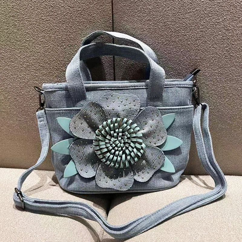 

Korean Casual Denim Bags For Women Luxury Designer Handbag And Purses 2026 New In Applique Rivet Top Handle Small Cloth Shoulder