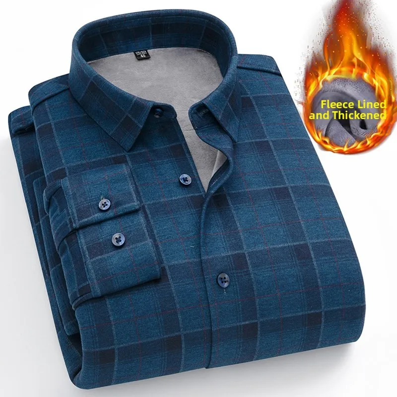 

Утепленная флисовая теплая рубашка с длинным рукавом для мужчин среднего и старшего возраста, эластичная, больших размеров, осенне-зимняя, из искусственной кожи.