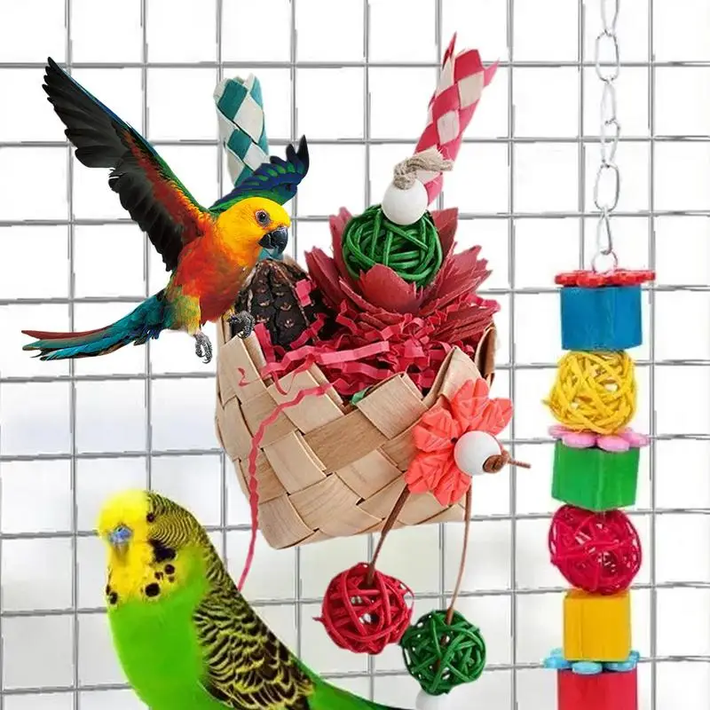 Bird Cage Toys Colorful Foraging Assorted Hanging Cage Bird Chewing Rack Toys Pet Parrot Molar Bite Toy Safe and Harmless