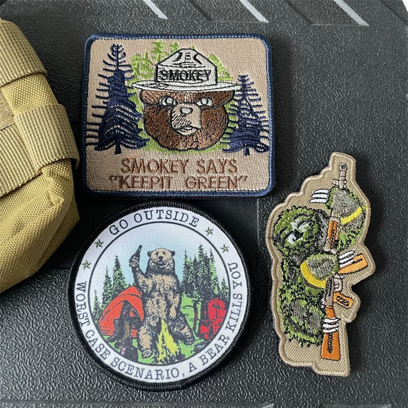 Smokey Bear Tactical Patches Keep It Green Nature Embroider Patch Hook & Loop Sloth with Gun Morale Badge Military Armband