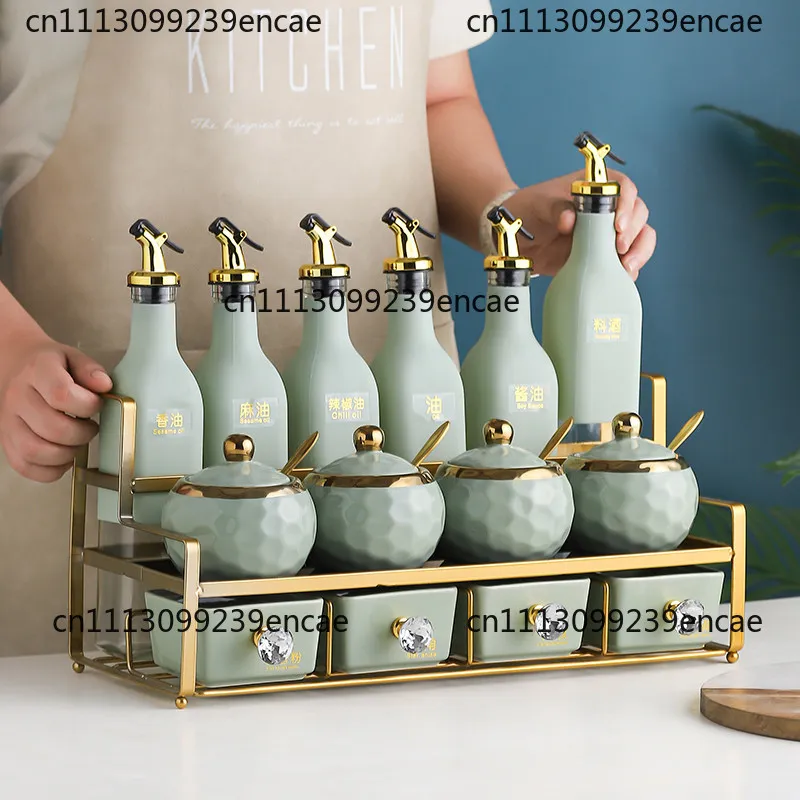 Suitable for high-end kitchen boxes, glass bottle sets, household ceramic seasoning jars, oil, salt, sauce, vinegar storage