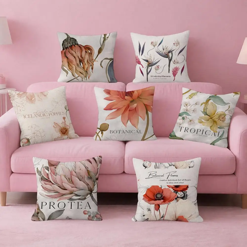Morandi Dried Flower Sketch Cushion Cover Pink Linen Textured Double Sided Cushion Cover with Invisible Zipper for Home Decor