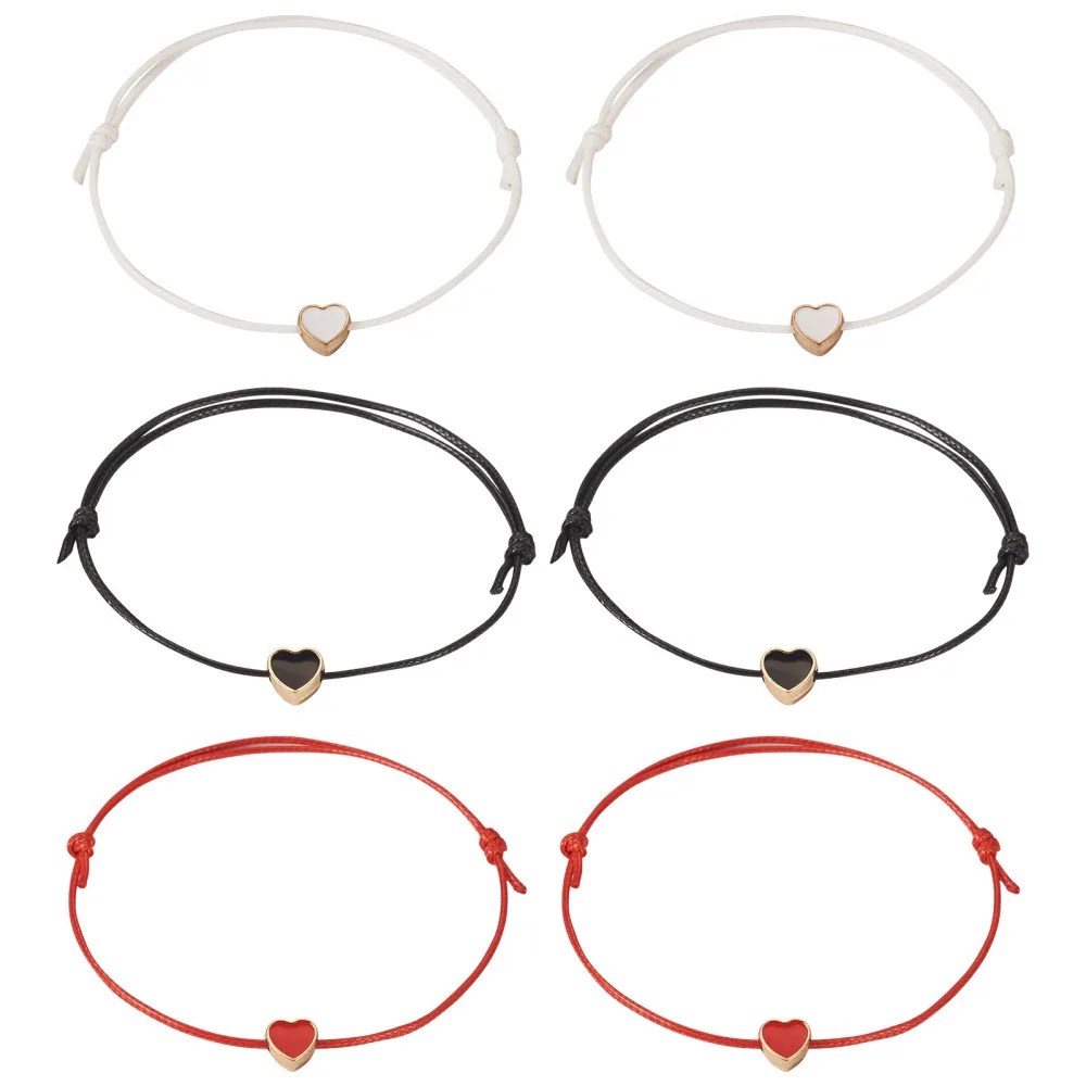 

6Pcs Heart Braided Bead Bracelets Set Waxed Polyester Cords Adjustable Stackable Connector Charm for DIY Bracelet Jewelry Making