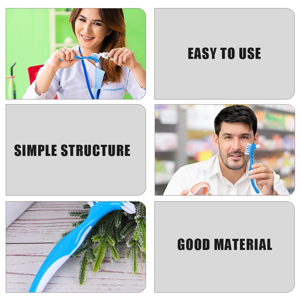 Denture Toothbrush Set 5 Pack Flexible Bristles Curved Head Portable Reusable False Teeth Cleaning Brush