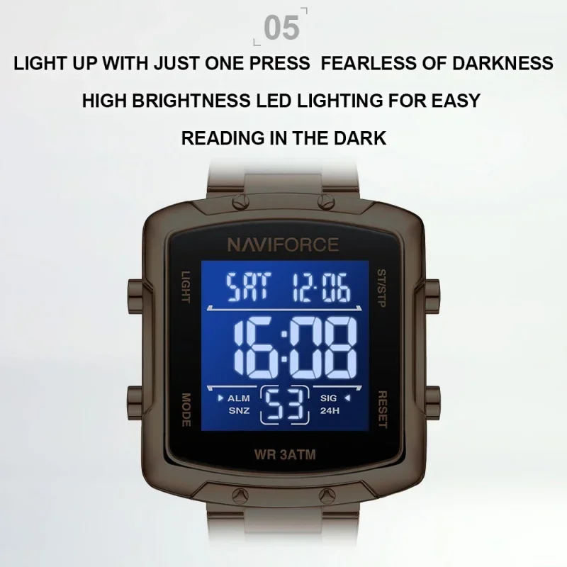 NAVIFORCE NF5057 Women's LCD Lighting Leisure Watches Elegant Digital Alarm Stopwatch Time Display 3ATM Waterproof Watches