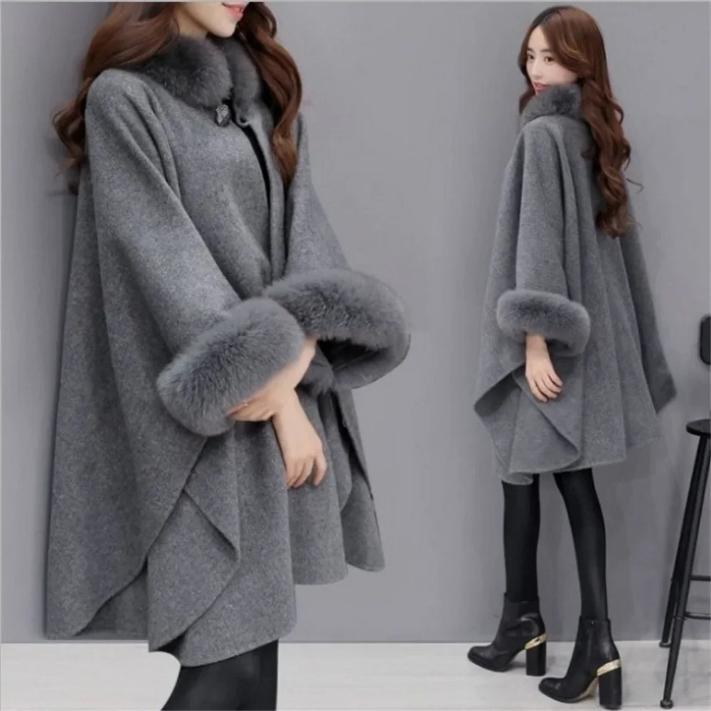 S-5XL Women Woolen Oversize Warm Poncho Cloak Knitted Blends Faux Rabbit Fur Long Cardigan Cape Outstreet Overcoat