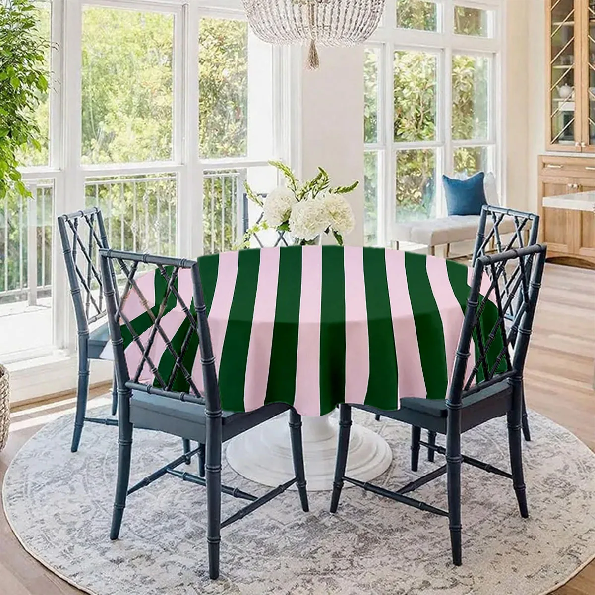 One classic striped tablecloth with a retro deep green and light pink contrast design, elegant and simple.