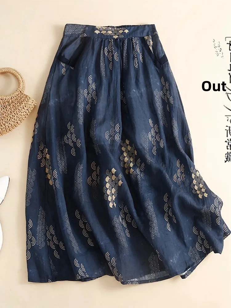 

Двухслойная юбка-миди трапециевидной формы, женская льняная юбка трапециевидной формы с цветочным принтом в стиле ретро, летняя юбка с высокой талией