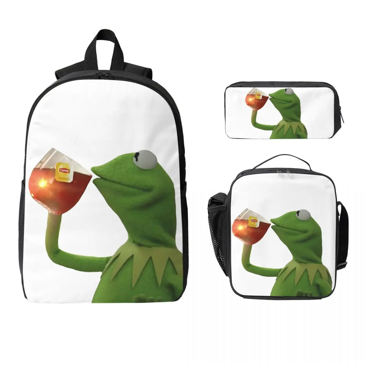 

Kermit Drinking Tea Backpack Student Boys Girls BookBag School Bag Computer Shoulder Bags 3ps Insulated Lunch Bag Pencil Case