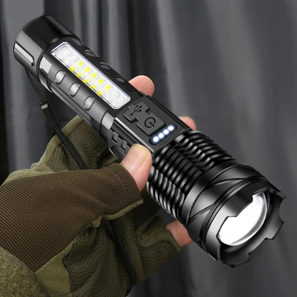 Powerful XHP50/GT10 LED Flashlight Waterproof 18650 Torch With Side Light 5 Modes Camping Fishing Lantern Rechargeable Zoom Lamp