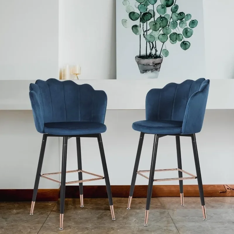 Bar Stool with Backs Modern Accent Chairs,Upholstered Kitchen Stools  Footrest for Cafe, Pub, Set of 2, Blue