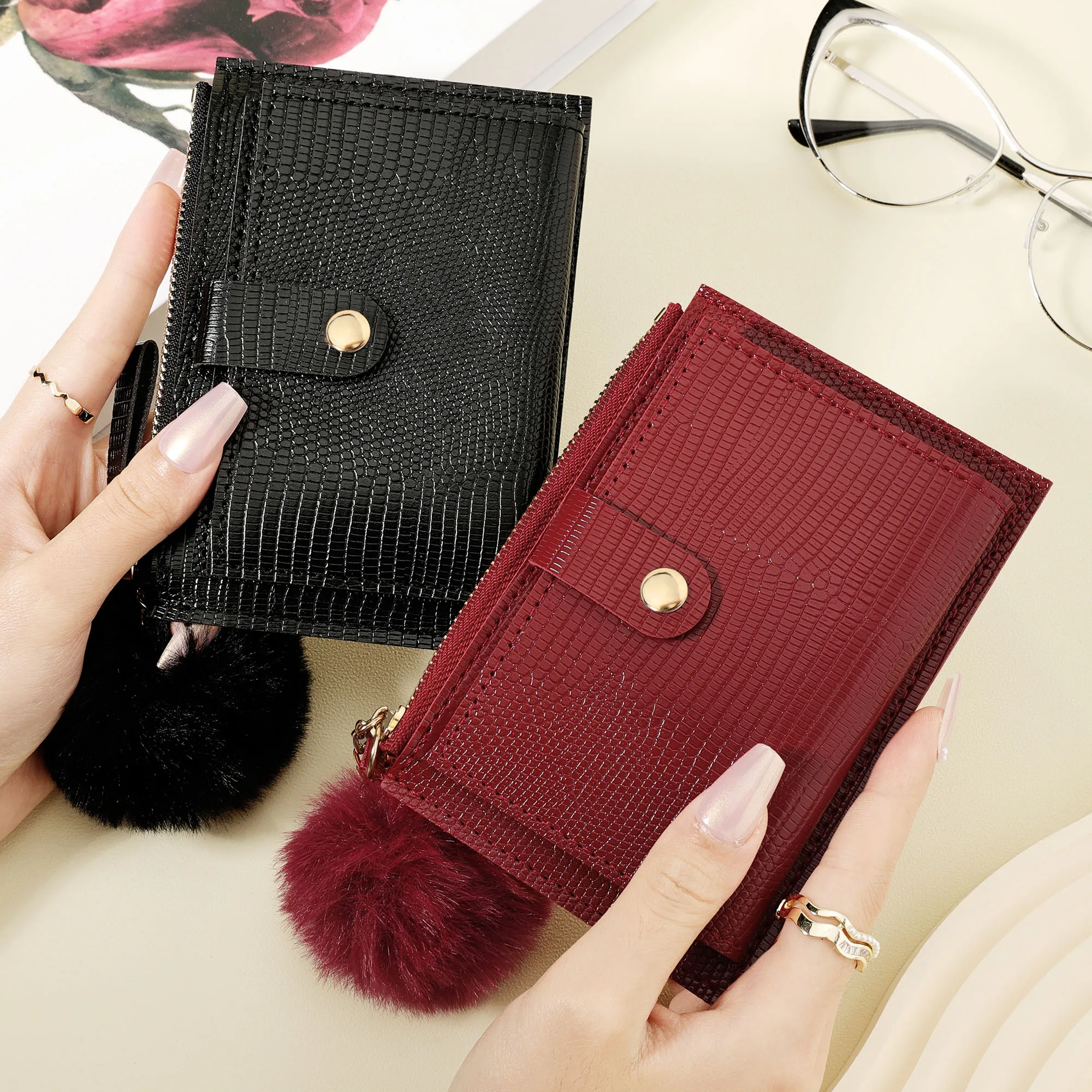 

Fashionable women's short wallet, Feature a Stylish Pom pom Accent, simple and casual multi slot women's wallet card bag, school