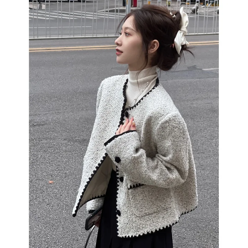 

French Elegant New Women Tops Jacket Senior Sense O Neck Long Sleeve Single Breasted Grey Short Tweed Jackets Coats Outwear