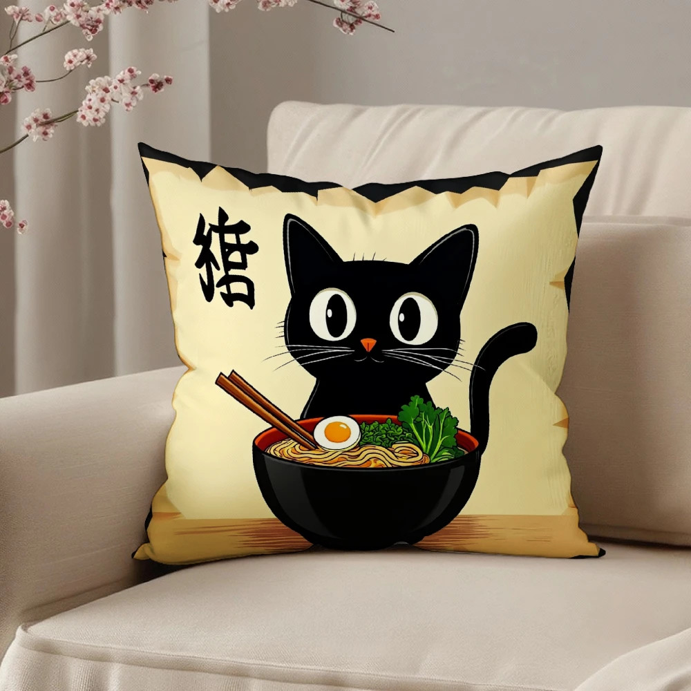 Square Throw Pillow Case Beige Black Cat With Ramen Noodles Bowl And Chopsticks Japanese Style Cartoon Print For Living Room Sof