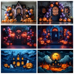 Halloween Night Background Decoration Ballons Castle Moon Pumpkin Bat Photography Backdrops Horrible Cemetery Photo Backdrop