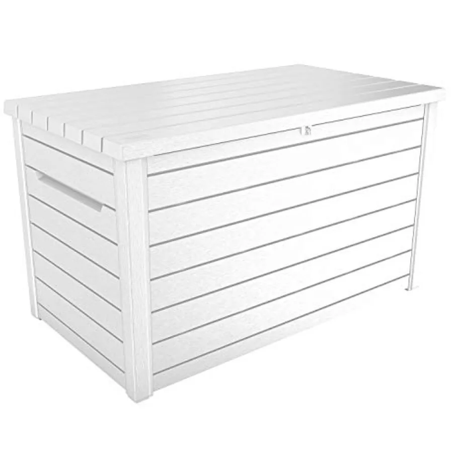 Outdoor patio deck storage box for 230-gallon capacity, XXL size, white polypropylene resin, weather-resistant and lockable