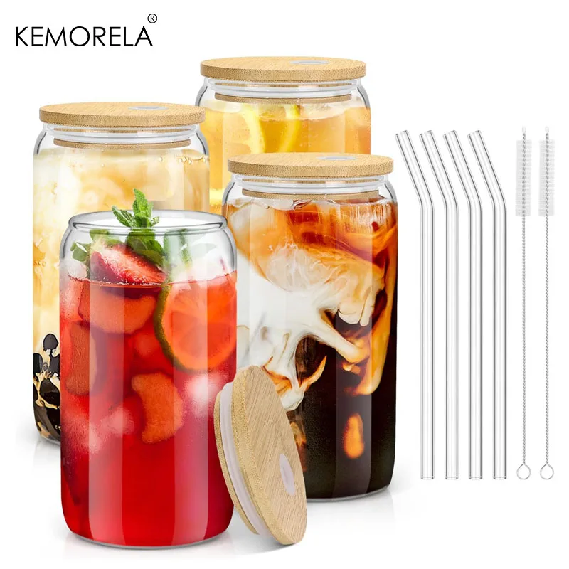 Kemorela 570ml/400ml Glass Cup With Lid and Straw Bubble Tea Cup Juice Glass Beer Can Milk Mug Drinkware Set Dishwasher Safe