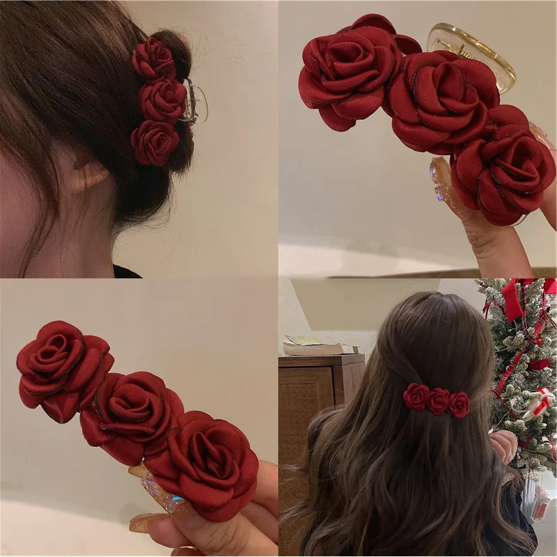 

New Luxurious Red Camellia Velvet Hair Claw Large Chunky Back Head Updo Clip for Women Elegant Soft Non Slip Daily Essentials