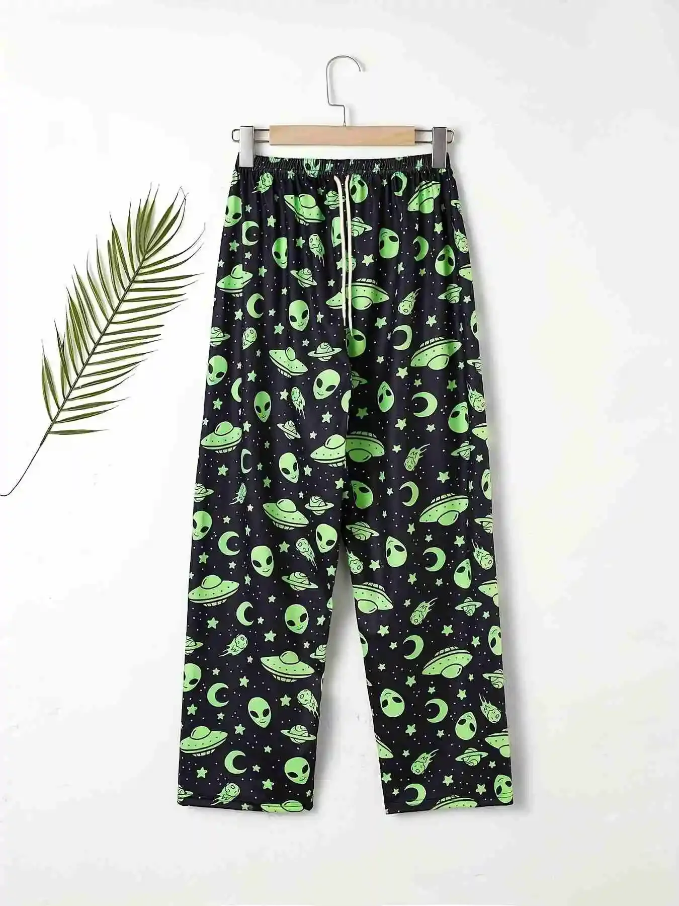 2026 Summer Kids & Women's Green Alien UFO Print Pants Quick Dry Elastic High Waist Casual Loose Fit Trousers for Space Lovers