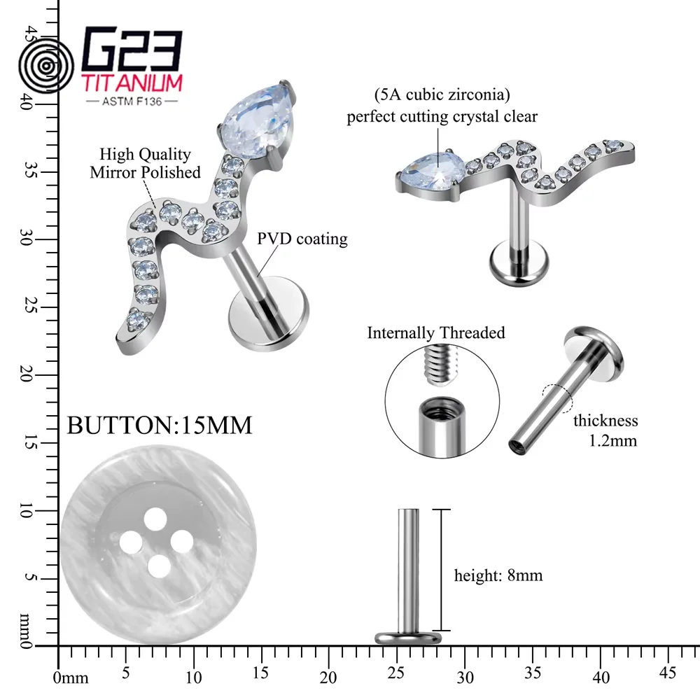 G23 Titanium Piercing 16G Snake Shape Internal Threaded Nose Earrings Cartilage Helix Body Jewelry
