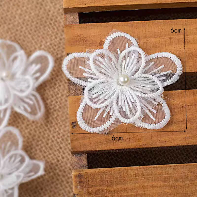 10Pcs White Pearl Two Layers Flower Embroidery Patch Fabric For Clothes Bags Accessories Sewing Handmade Applique Repair Crafts