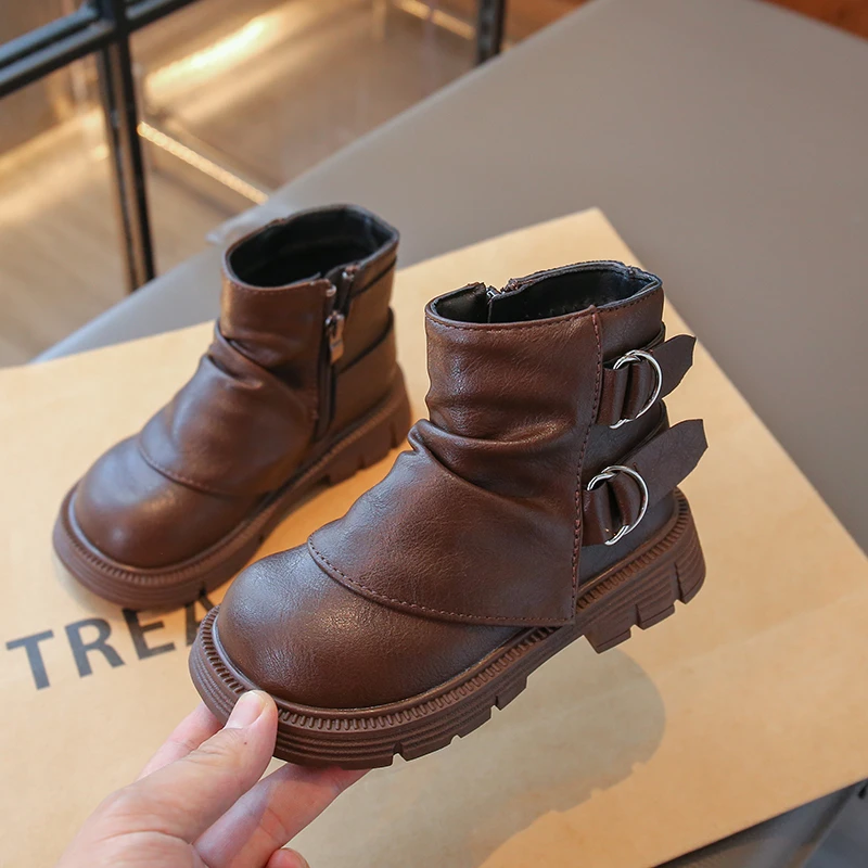

2026 NewChildren Fashion Boots Simple Girls Ankle Boot Black Kids Short Leather Boots Side Zipper Thick Bottom Autumn Winter