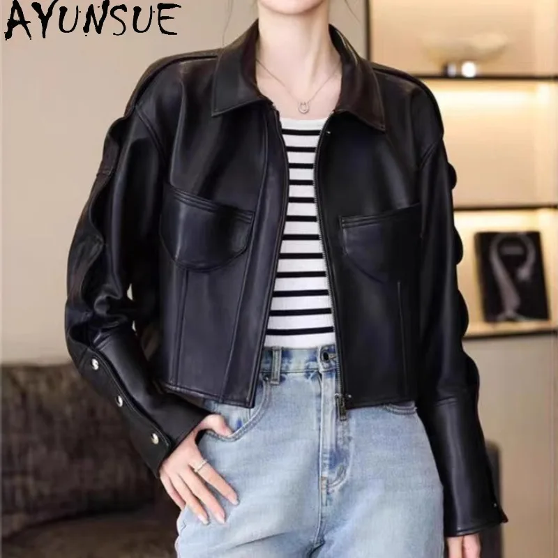 AYUNSUE Women's Leather Jacket Korean Style Loose Long Sleeve Tops Versatile Motorcycle Jackets for Woman Clothes Spring Autumn