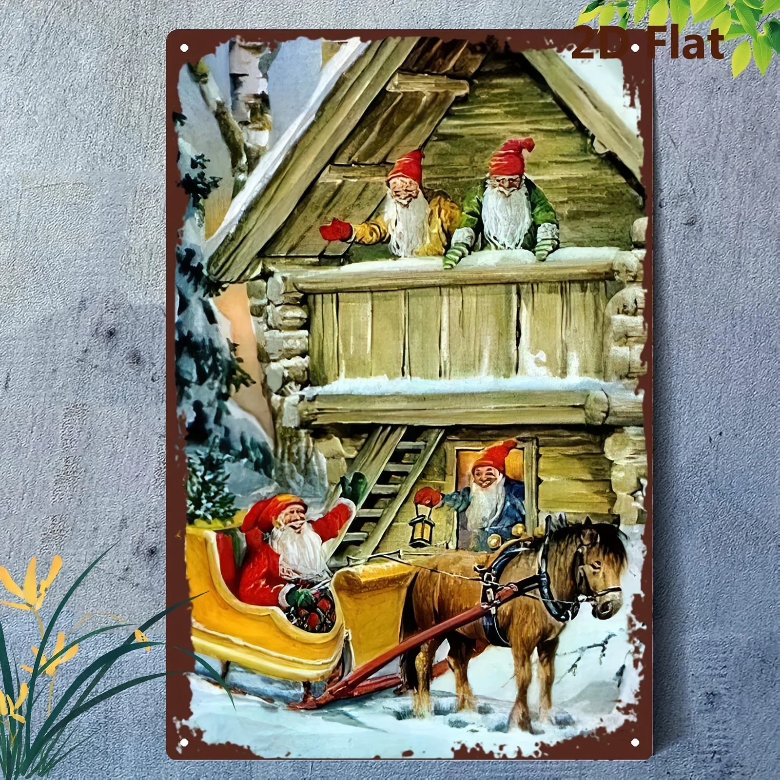 2D Flat - A 2D Metal Iron Sign Featuring a Gnome Accompanying Santa Claus on a Sleigh in a Christmas Snow Scene, Measuring 20*30