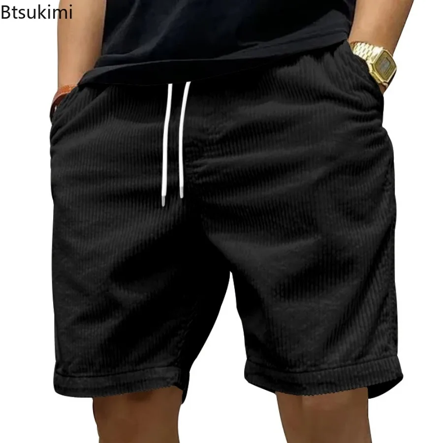 New 2025 Mens Fashion Casual Corduroy Shorts Yellow Apricot Beach Shorts Plus Size Male Drawstring Half Pants Sexy Mens Clothing