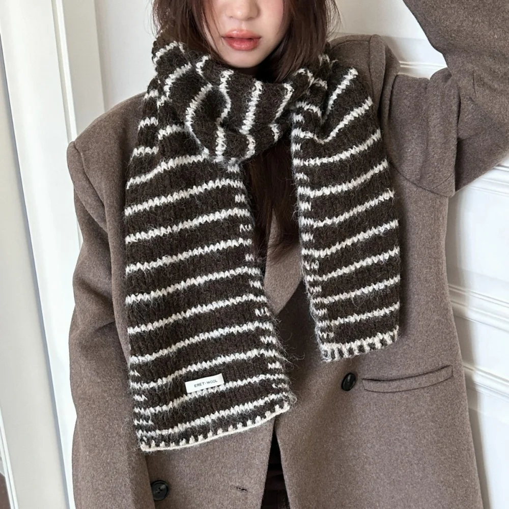 

Designer scarf Korean with Wool for Women Stripe Winter Thickened Warm Leisure Versatile Couple's Knitted Decorative accessories