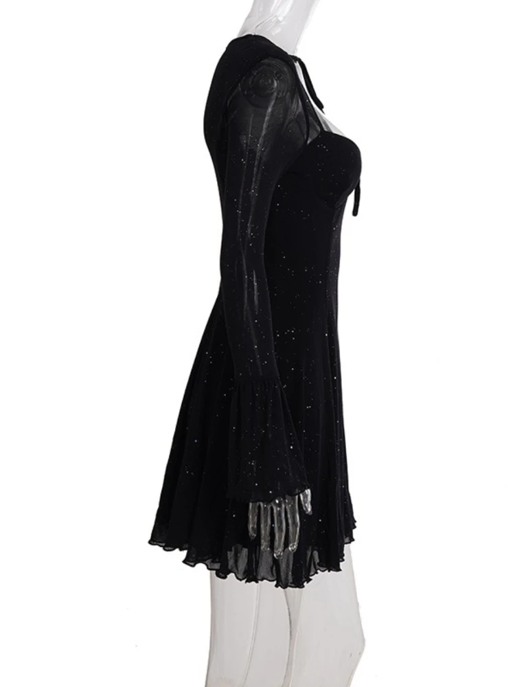 섹시하고 반짝이는 시스루 메쉬 파티 드레스 여성 패션 블랙 타이업 로우컷 프론트 롱 슬리브 A라인 미니 미드나잇 클럽 드레스