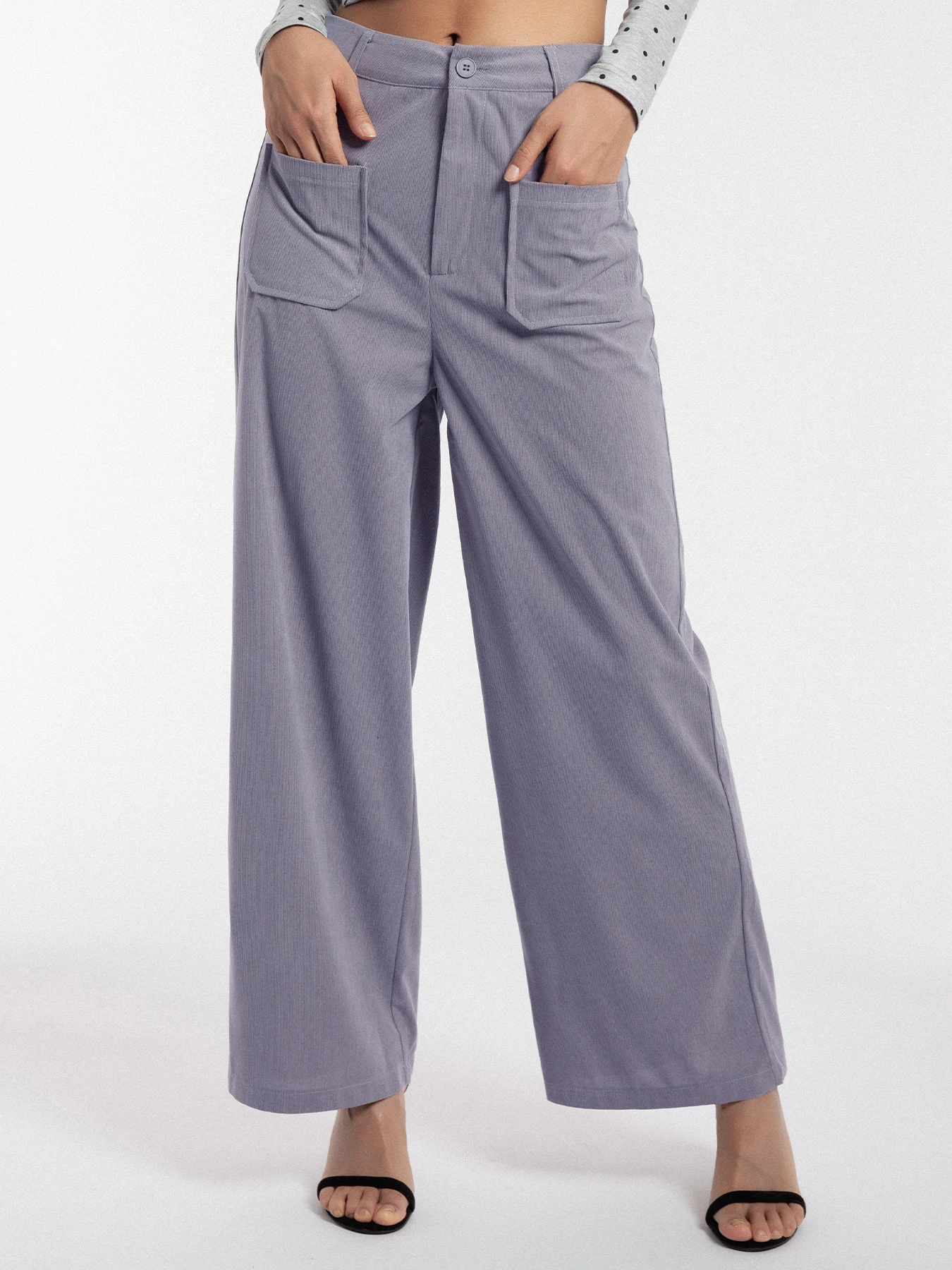 

Ladies casual corduroy pants with double pockets and straight wide-leg pants