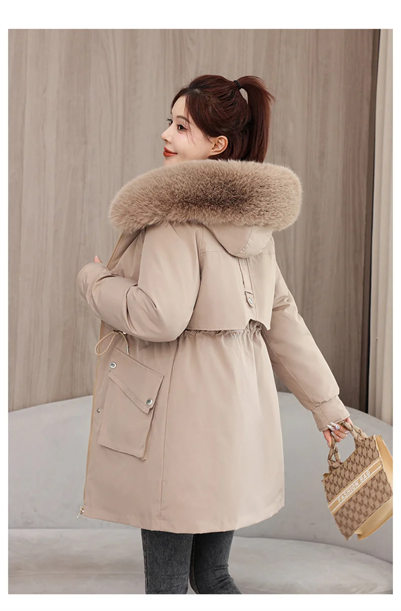 2026 New Winter Coat Down Padded Jacket Women Parkas Fur Collar Thick Hooded Cotton Coats Black Casual Outerwear Female Clothes